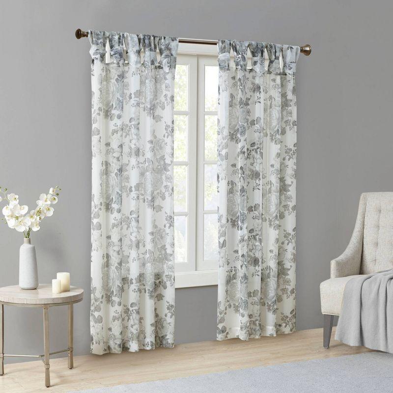 White Floral Twist Tab Top Sheer Polyester Curtain Panel