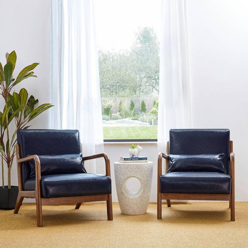 Mid-Century Modern Leatherette Arm Accent Chair Walnut Rubberwood Frame Navy Blue - Glitzhome: PU Upholstery, Tapered Legs, Office/Home Use