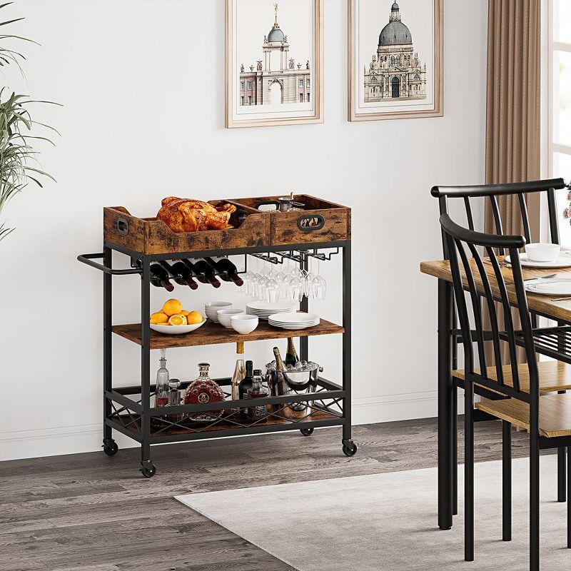 3-Tier Rustic Brown Industrial Bar Cart with Wine Rack and Glasses Holder