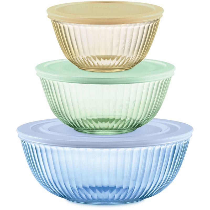 Pyrex® Sculpted Tinted 6pc Lidded Mixing Bowl Set: Glass Bowls with Lids, Dishwasher-Safe, Multicolored