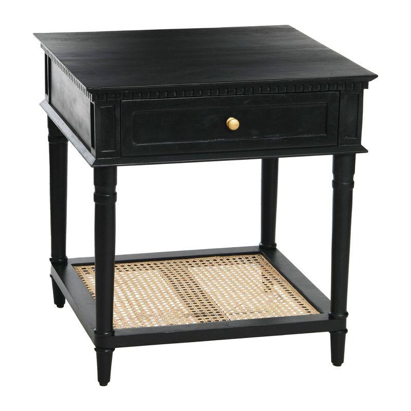 Storied Home Maxwelton End Table Black: Elegant Square Nightstand with Storage Drawer & Cane Shelf