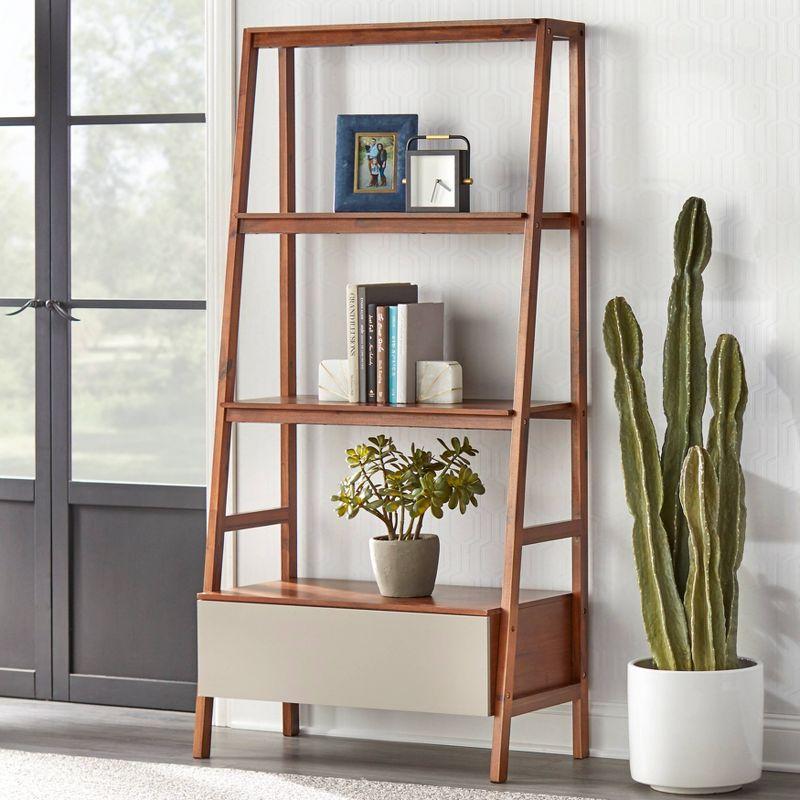 71" Nordic Ladder Shelf Walnut - Lifestorey: Mid-Century Modern Bookcase with Drawer, Open Back Design