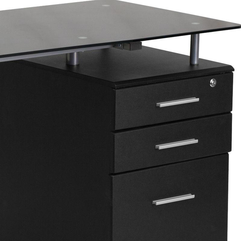 Emma and Oliver Black Glass Computer Desk with Three Drawer Pedestal