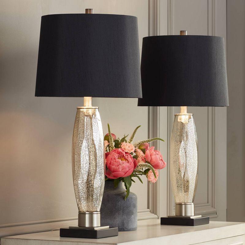 Regency Hill Landro Modern Mid Century Table Lamps 27 1/2" Tall Set of 2 Mercury Glass Black Drum Shade for Bedroom Living Room Bedside Office Family