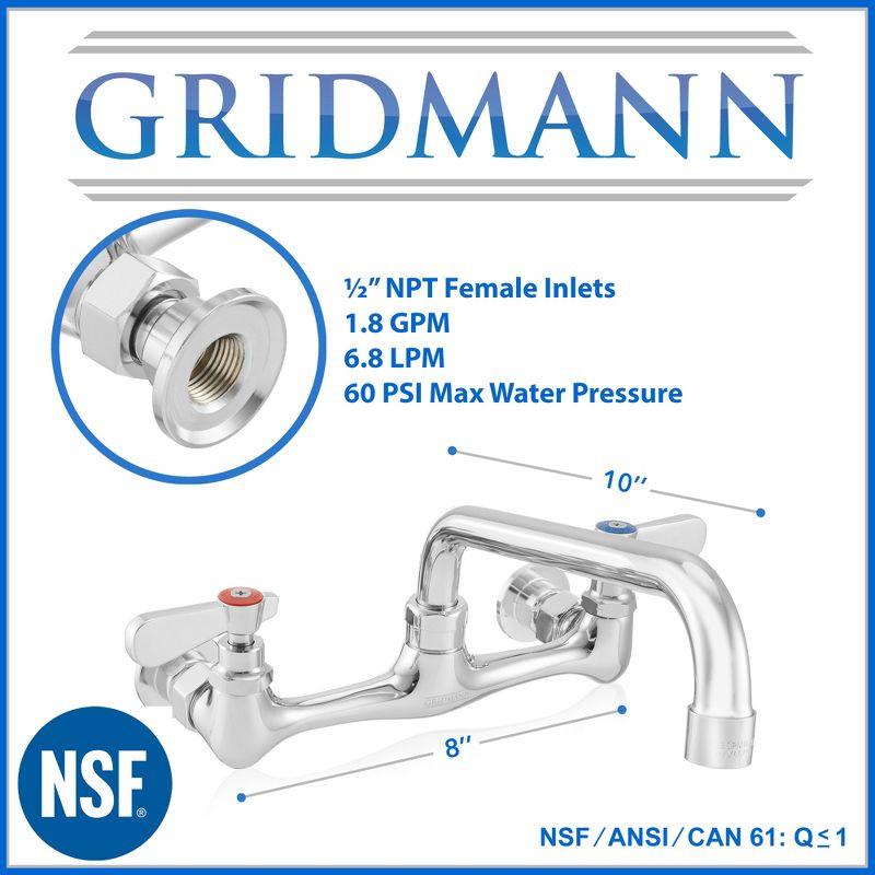 GRIDMANN Commercial Wall Mount Sink Faucets, 8" Centers with Swivel Spouts, NSF, Dual Lever Handles, Brass Construction, Chrome Polished Finish