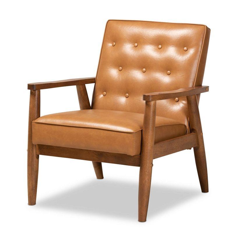 Walnut Brown Faux Leather Mid-Century Accent Chair