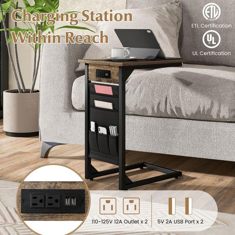 Tangkula 2PCS C Shaped End Table Sofa Side Table with Charging Station & Side Storage Bag