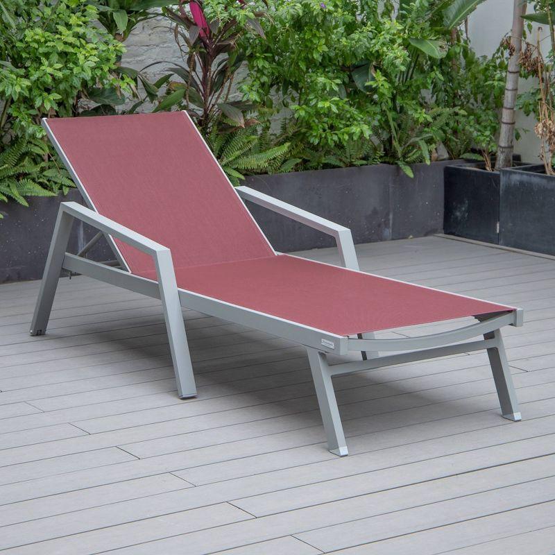 LeisureMod Marlin Patio Sling Chaise Lounge Chair With Arms in Grey Aluminum, Burgundy