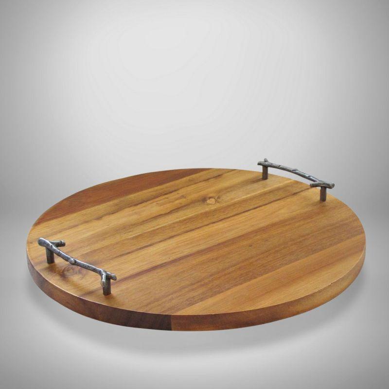 Round Wooden Tray with Natural Finish and Metal Twig Handles