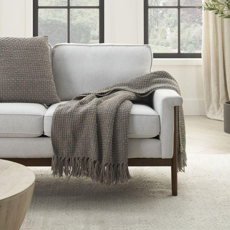 Gray Woven Chenille Knitted Throw Blanket with Tassels