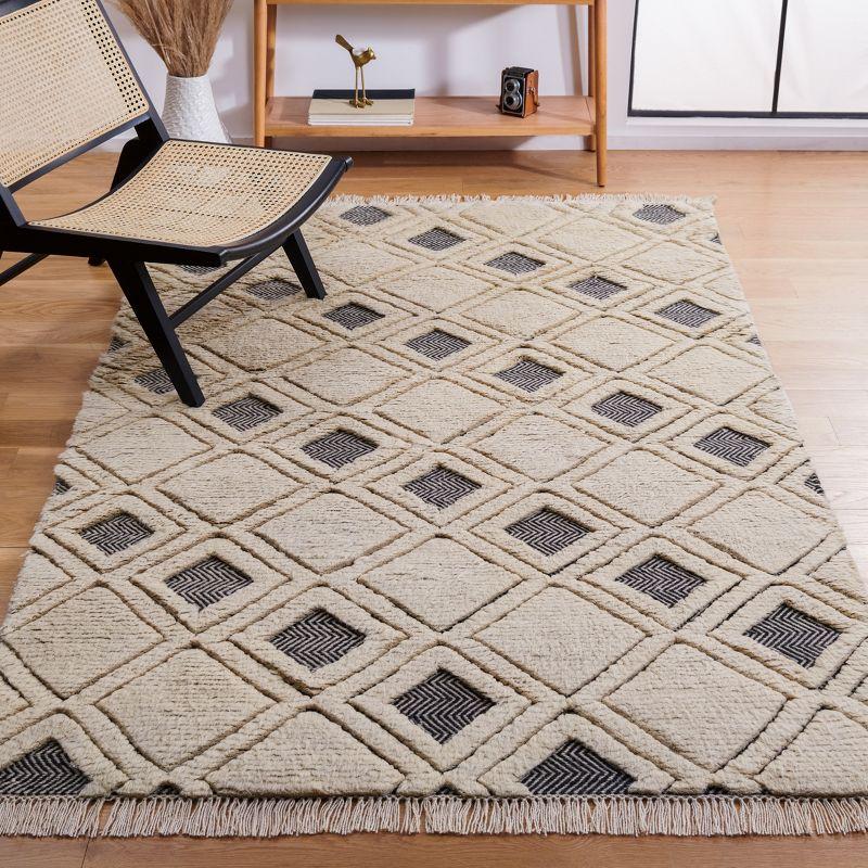 Ivory and Black Hand-Knotted Wool Geometric Area Rug