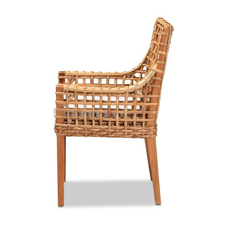 bali & pari Saoka Wood and Rattan Armchair Natural Brown/White: Polyester Upholstered, No Assembly Required
