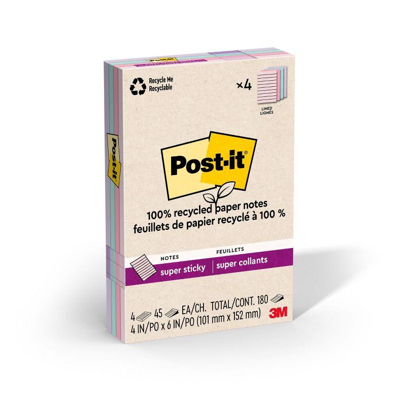 Post-it Recycled Super Sticky Notes 4"x6" Pastels: Large Unbound Multicolored Sticky Notes, 180 Sheets, 100% Recycled Paper