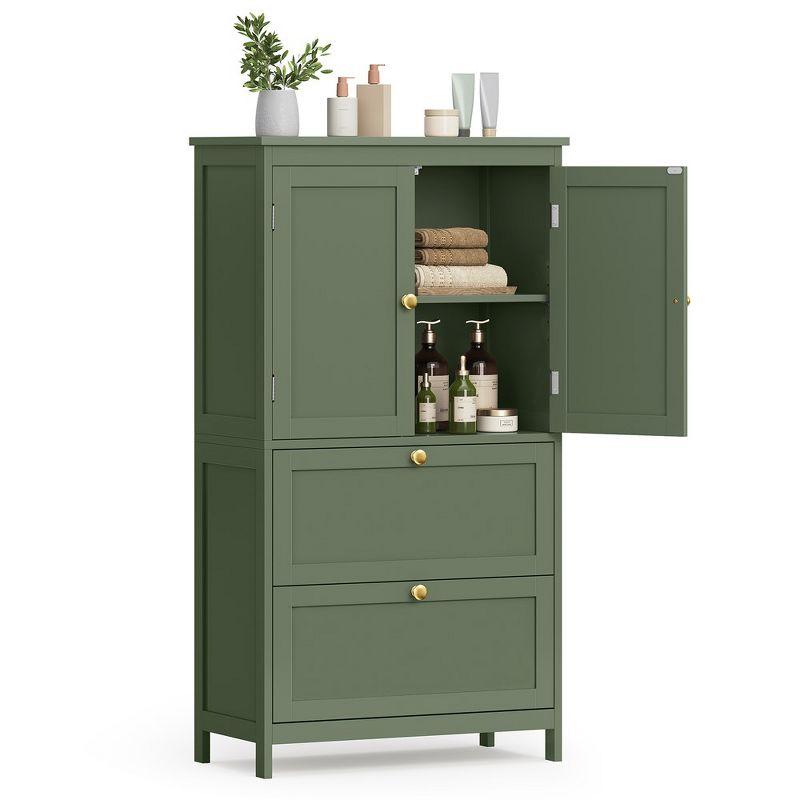 VASAGLE Bathroom Floor Storage Cabinet, Bathroom Storage Unit, Freestanding Cabinet with 2 Drawers and 2 Doors,Forest Green