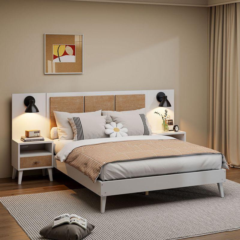 Queen Size Solid Wood Bed Frame with 2 Nightstands, Elegant Rattan and Wood Combination Platform Bed with Lamps, White - ModernLuxe