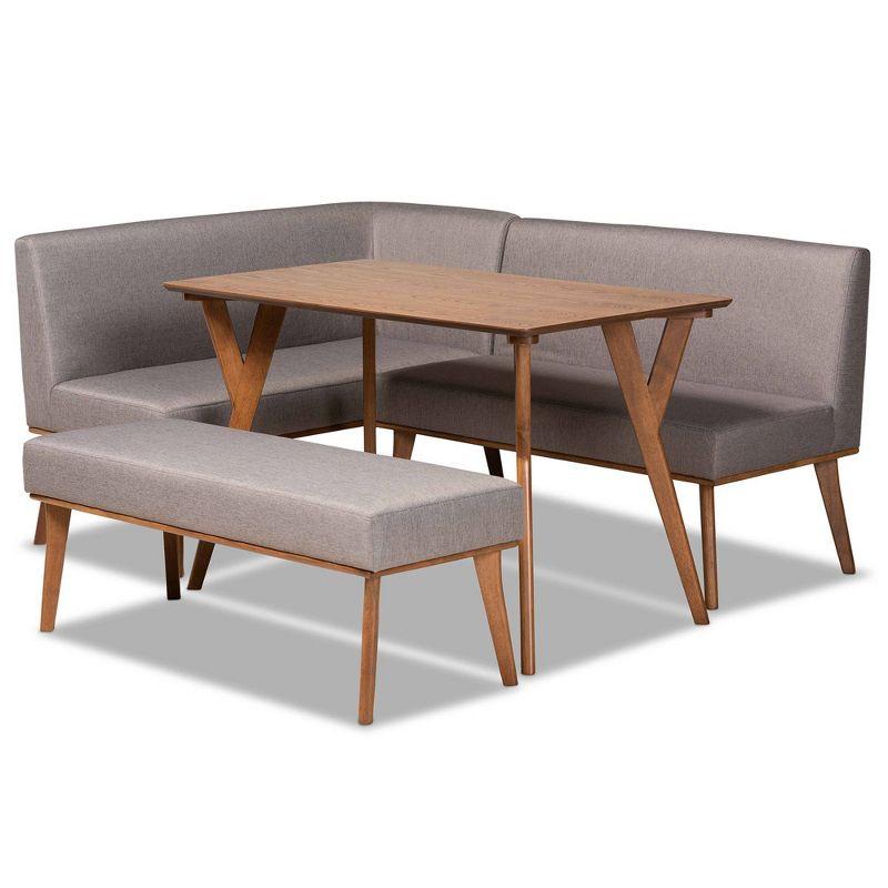 Baxton Studio 4pc Odessa Mid-Century Modern Fabric Upholstered Wood Dining Nook Set Walnut/Brown: Rectangle Table, Bench, 2 Chairs