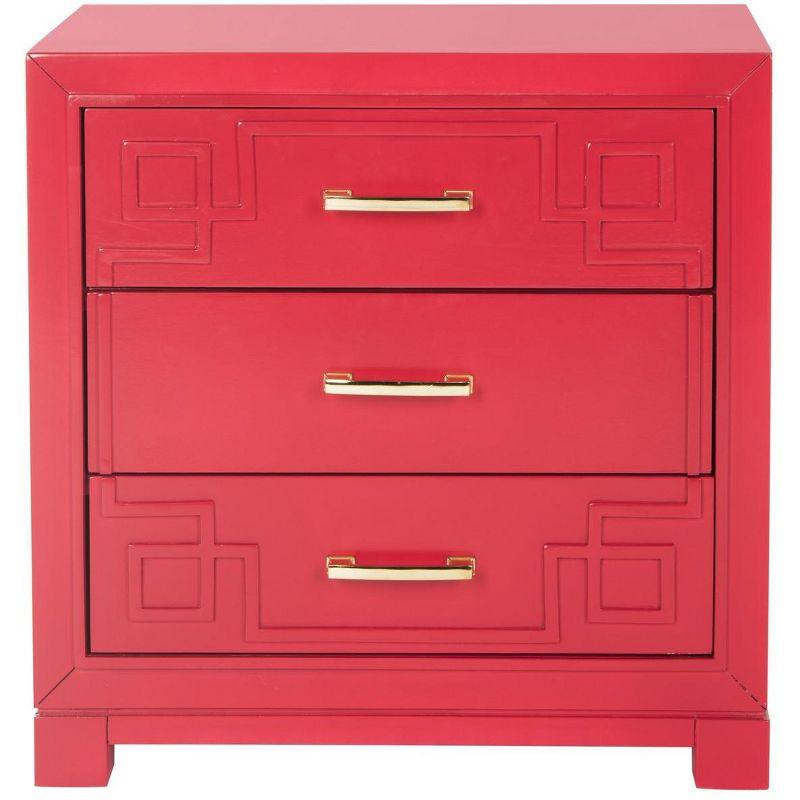 Transitional 3-Drawer Greek Key Nightstand in Polished Red