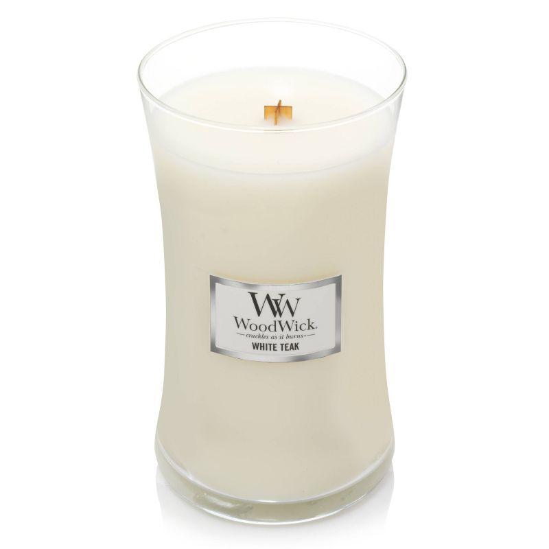 21.5oz Large Hourglass Jar Candle White Teak - WoodWick: Soy & Paraffin Blend, Crackling Wick, 120hr Burn Time