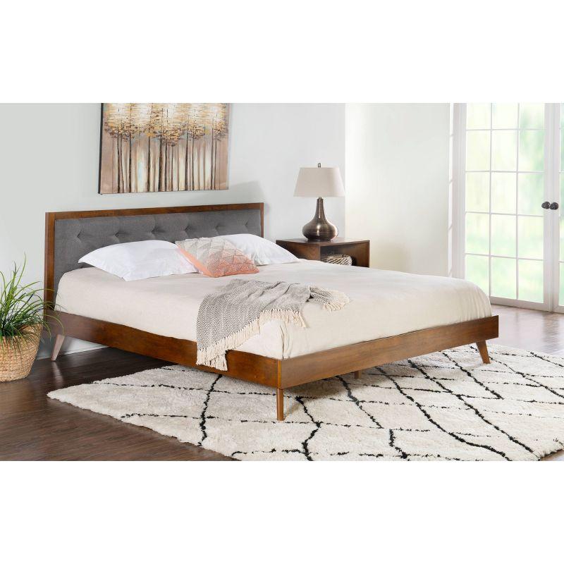 King Reid Mid-Century Platform Bed in Walnut Finish with Tufted Headboard in Gray Fabric - Linon: Upholstered Polyester, No Box Spring Needed