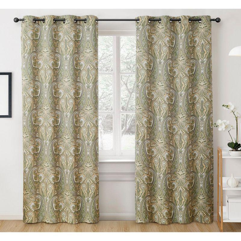 HLC.ME Paris Paisley Decorative Print Damask Pattern Light Reducing Grommet Window Curtain Panels for Bedroom, Set of 2 - Sage, 50 W x 84 L