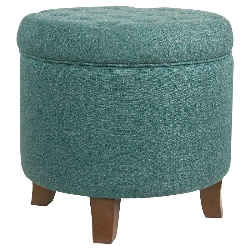 Elegant Teal Tufted Round Ottoman with Textured Weave and Storage