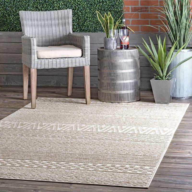 Beige Bohemian Striped Easy-Care Indoor/Outdoor Area Rug