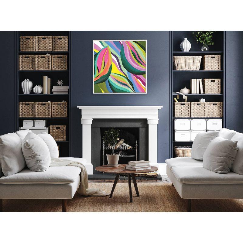 30"x30" White Framed Abstract Colorful Leaves Canvas