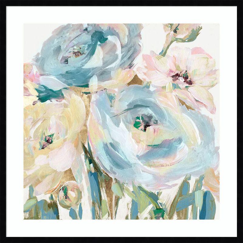 Pastel Floral Abstract Lithograph in Black Wood Frame