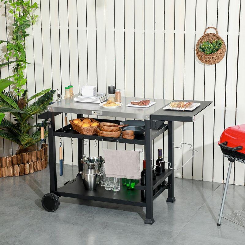 Outsunny Three-Shelf Outdoor Grill Cart with Foldable Side Table, 46" x 21.75" Stainless Steel Pizza Oven Stand, Movable Food Prep Table on Wheels