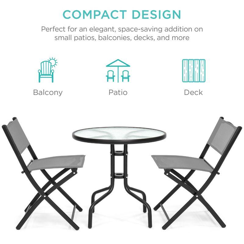 Gray 3-Piece Patio Bistro Set with Glass Tabletop and Folding Chairs