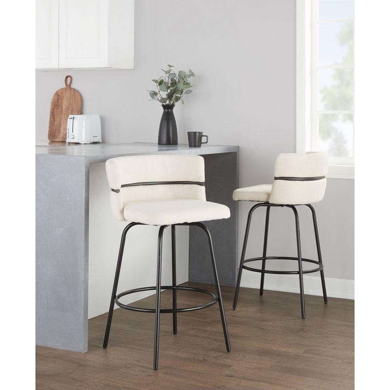 LumiSource Set of 2 Cinch-Claire Counter Height Barstools Black/Cream: Upholstered Swivel Seats, Metal Frame