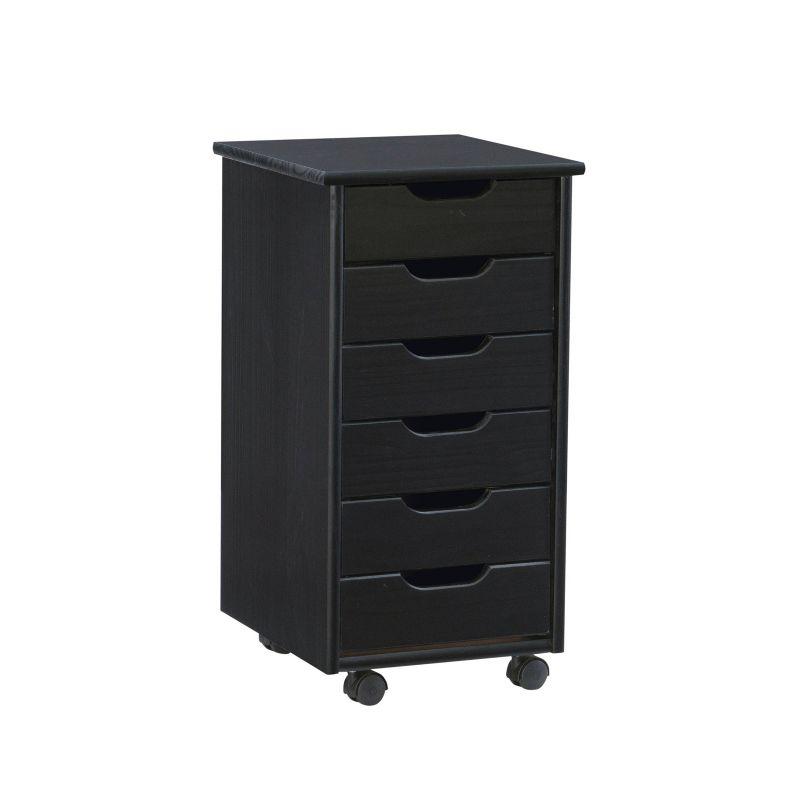 Cary Black Pine Wood Six Drawer Rolling Storage Cart