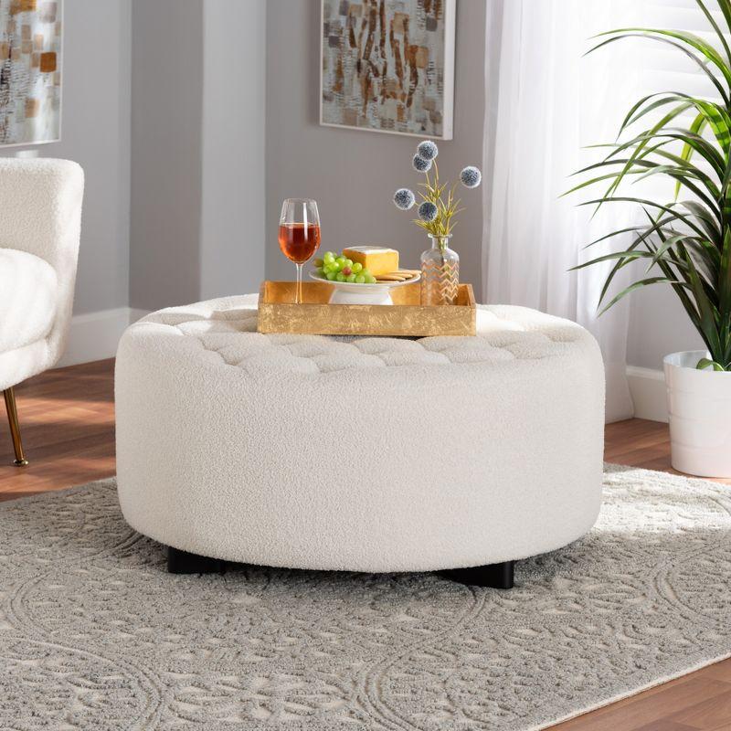 Athena Ivory Boucle and Black Wood Tufted Round Ottoman