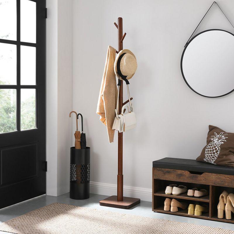 Dark Walnut Rubberwood 8-Hook Freestanding Coat Rack