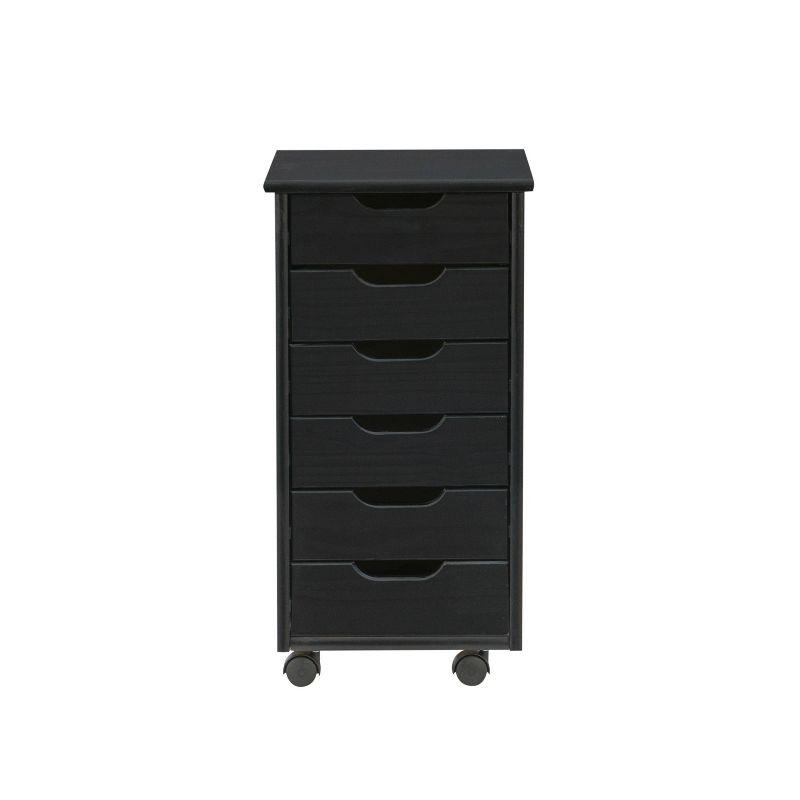 Cary Black Pine Wood Six Drawer Rolling Storage Cart