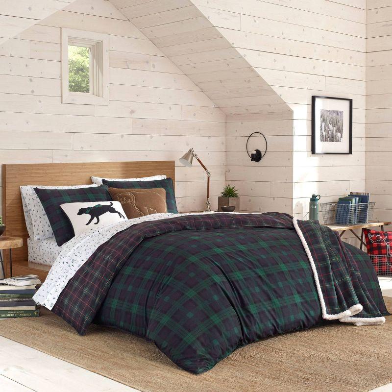 Full/Queen Woodland Tartan Reversible Duvet Cover Set Green - Eddie Bauer: Cotton, OEKO-TEX Certified, 3-Piece