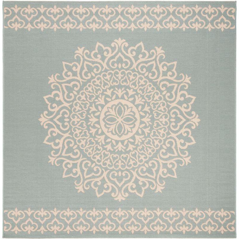 Cream and Aqua Square Synthetic Non-slip Area Rug