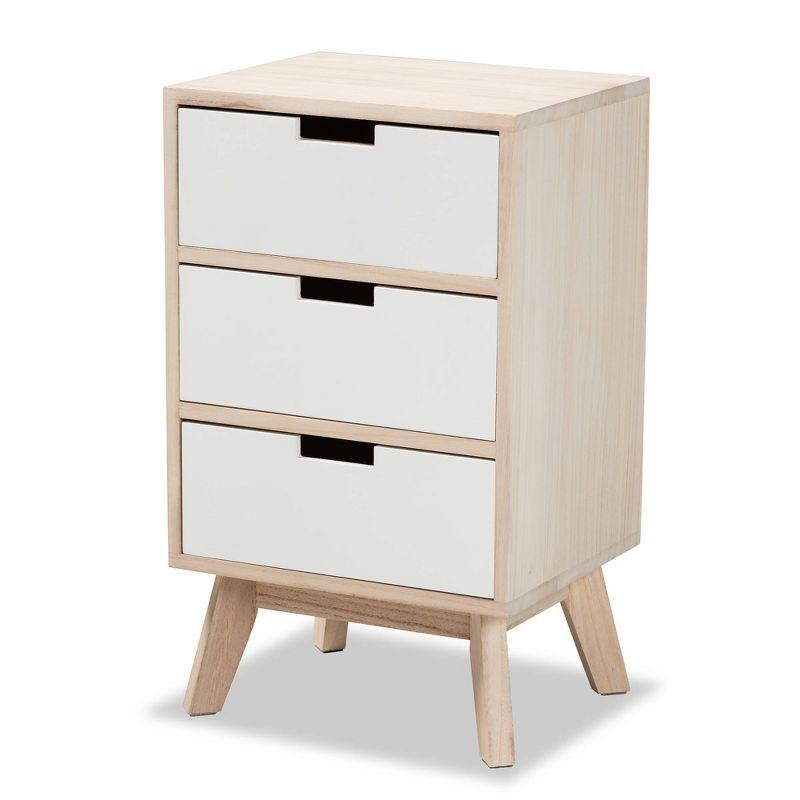 Halian Two-Tone Wood 3 Drawer Nightstand White/Light Brown - Baxton Studio: Scandinavian Style, MDF & Paulownia Frame