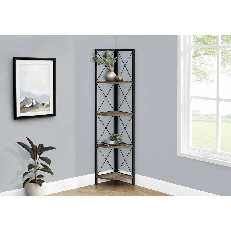 Monarch Specialties Bookshelf Bookcase Etagere Corner 4 Tier 60InchH Office Bedroom Metal Laminate Brown Black Contemporary Modern