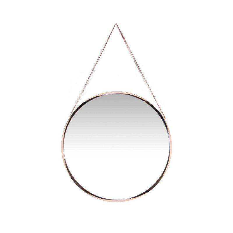 21" Modern Round Wood & Gold Wall Mirror with Metal Chain