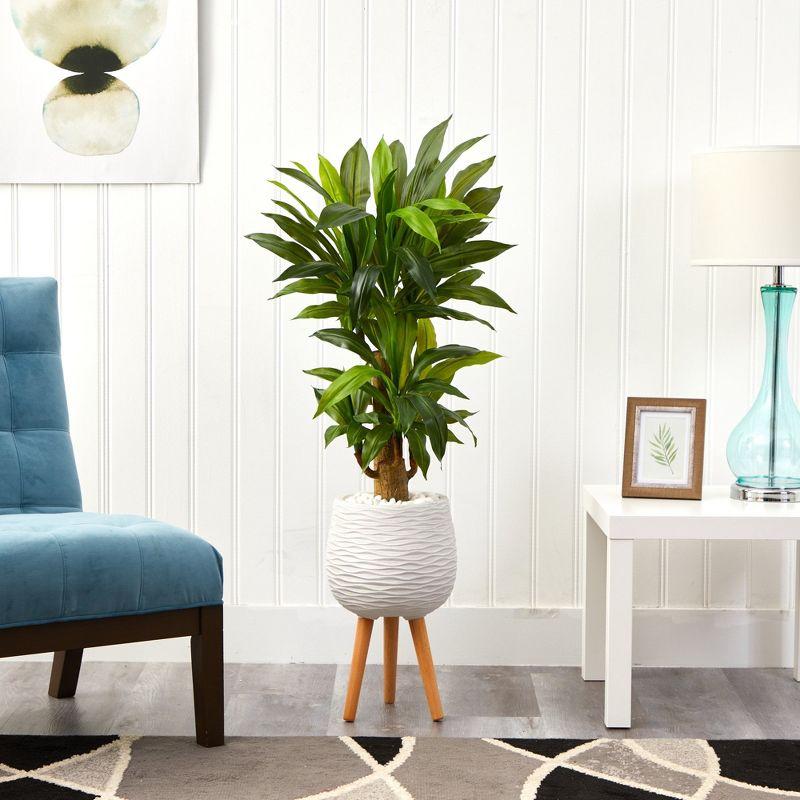 Nearly Natural 46-in Corn Stalk Dracaena Artificial Plant in White Planter with Stand (Real Touch)
