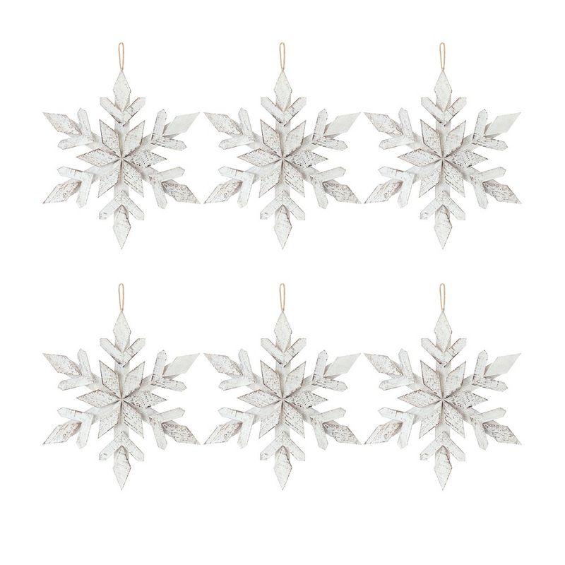 Rustic White-Washed Wooden Snowflake Ornament Set