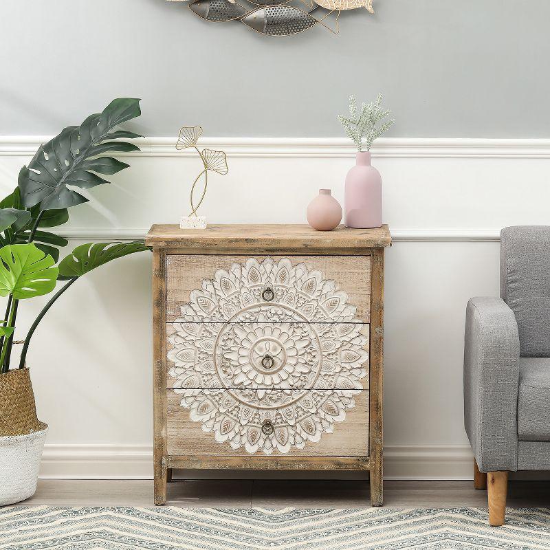 Whitewashed Carved Medallion 3-Drawer Accent Chest in Natural Wood