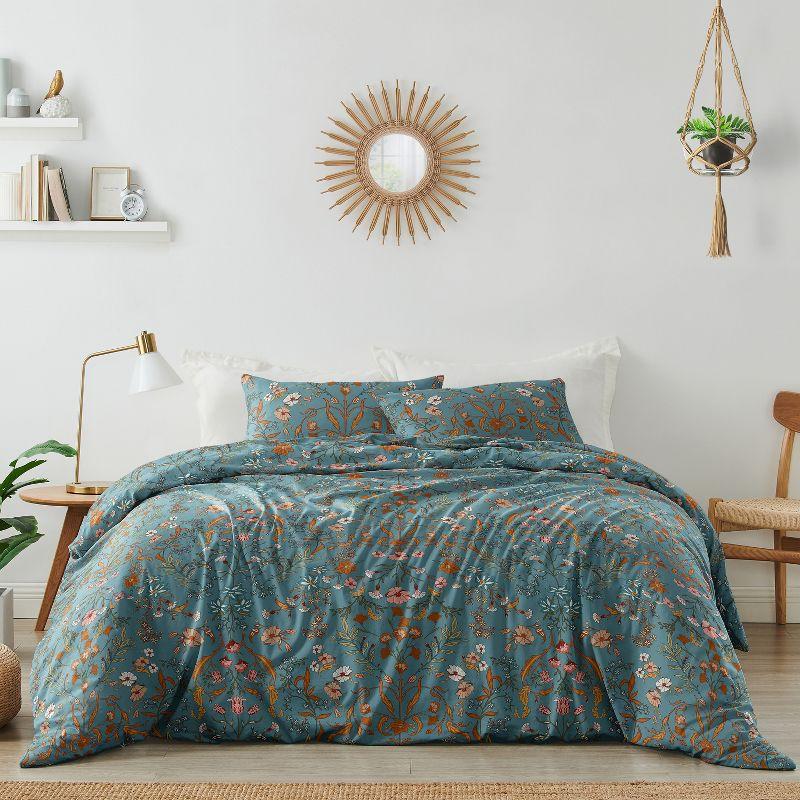 Boho Blue and Orange Floral King Duvet Cover Set