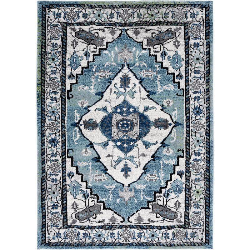 Blue and Ivory Synthetic Persian Area Rug, 5'3" x 7'6"