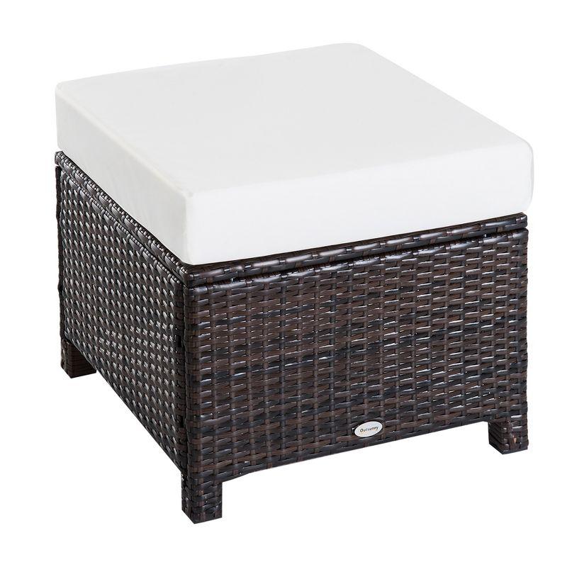 Outsunny 20" Outdoor Ottoman, PE Plastic Rattan Wicker, Fade-Resistant Patio Footrest with Soft Cushion, Steel Frame, Dark Brown, Cream White