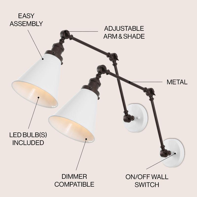 JONATHAN Y Rover 7" Classic Industrial Metal Adjustable Arm LED Wall Sconce, White/Oil Rubbed Bronze (Set of 2)
