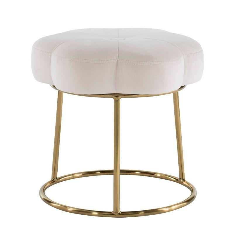 Boho Luxe White Velvet Floral Vanity Stool with Gold Base