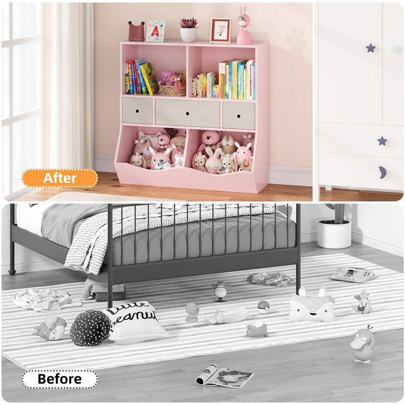 3-Tier Kids Bookshelf, Toy Storage Organizer with 3 Drawers,Wooden Bookcase with Large Toy Storage Cabinet for Playroom