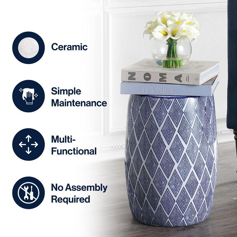 Moroccan Diamonds 18" Ceramic Drum Garden Stool, Blue/White - JONATHAN Y